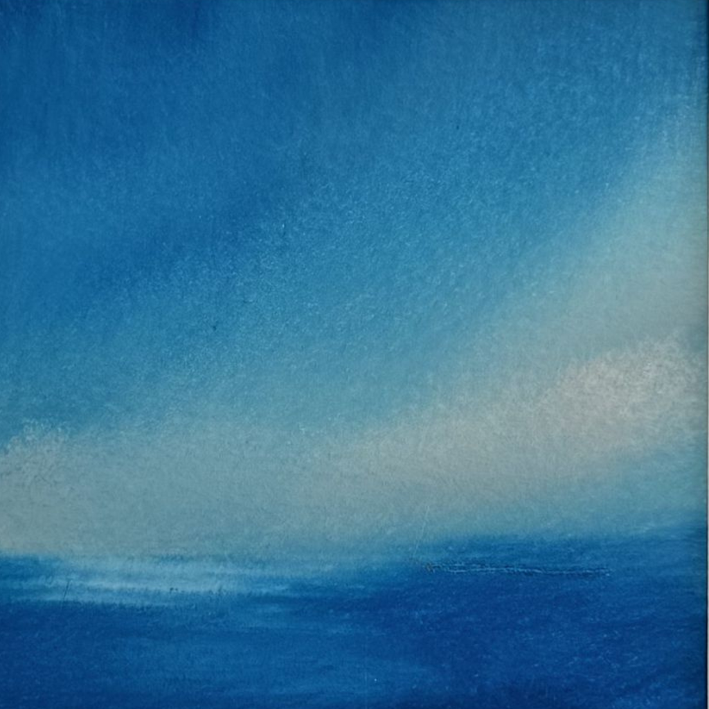 An abstract blue painting depicting a calm sea under a cloudy sky, with textured brushstrokes transitioning from deep blue at the bottom to lighter sky blue and white at the top.